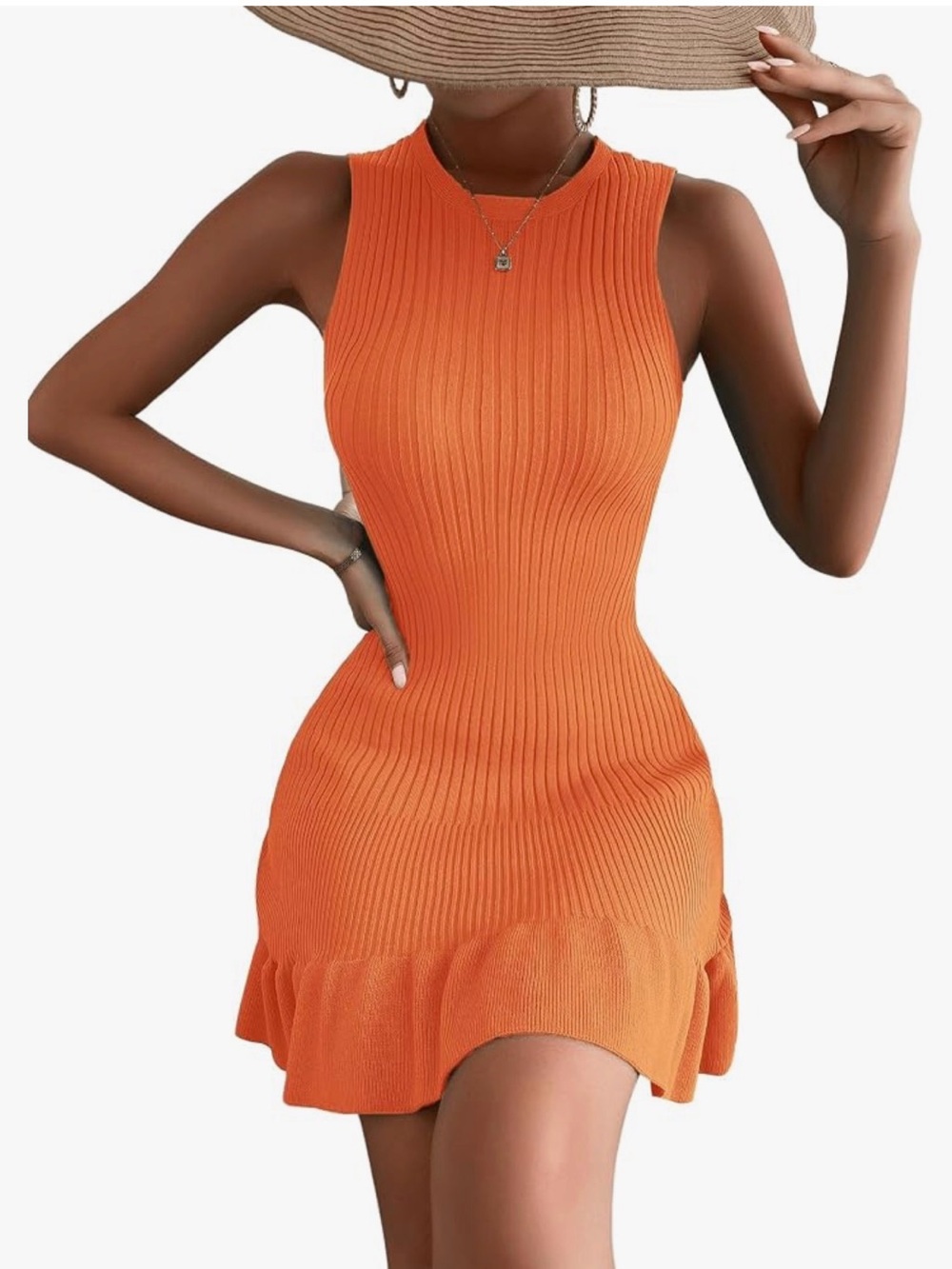Sleeveless Ribbed Mini Dress with Ruffle Hem - Orange